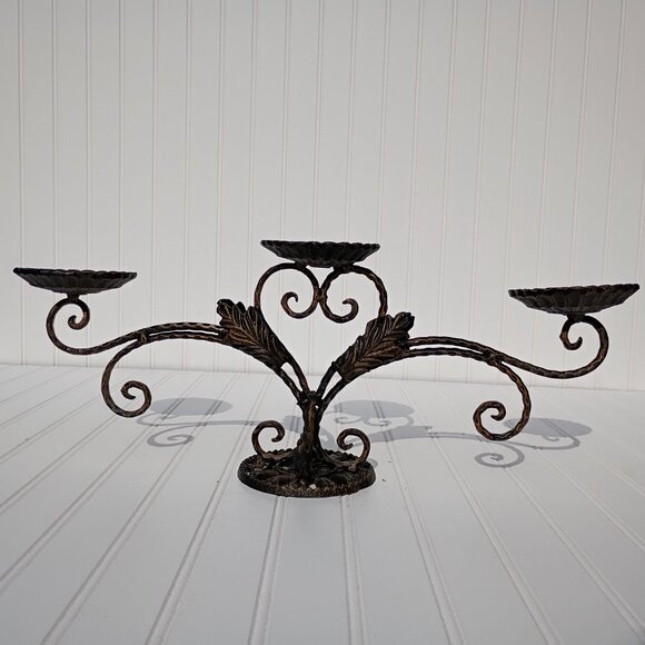 Cast Iron 3 Sconce Candelabra Bronze Gold Leaf Accents Heavy Candle Holder Vtg - Picture 6 of 13